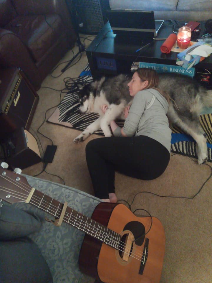 Jenn napping on Shadow beside some amps and cables
